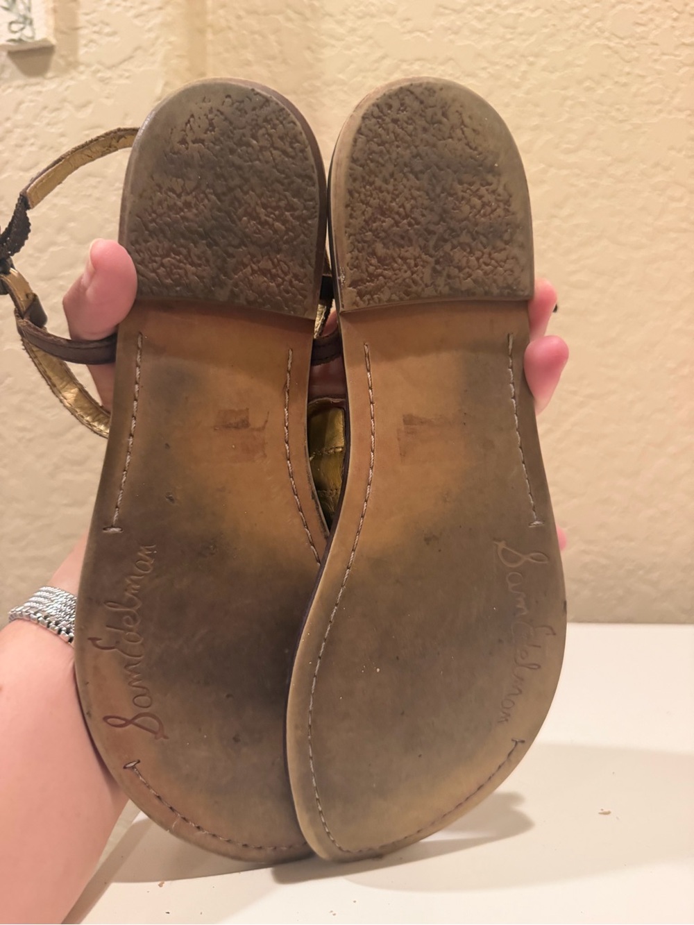 Sam Edelman Brown T-Strap Sandal with Cream Marbled Bead Accents - Picture 4 of 7